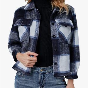 Plaid wool blend flannel cropped button down shacket